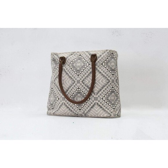 Myra Women's Artisan Upcycled Leather Canvas Tote Bag Beige Stylish Versatile Du - Picture 3 of 5